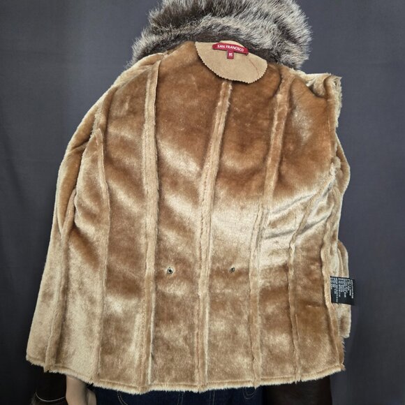 Y2K Beige Faux Fur Faux Suede Coat Jacket size S Faux Leather Buckles Penny Lane - Picture 14 of 16